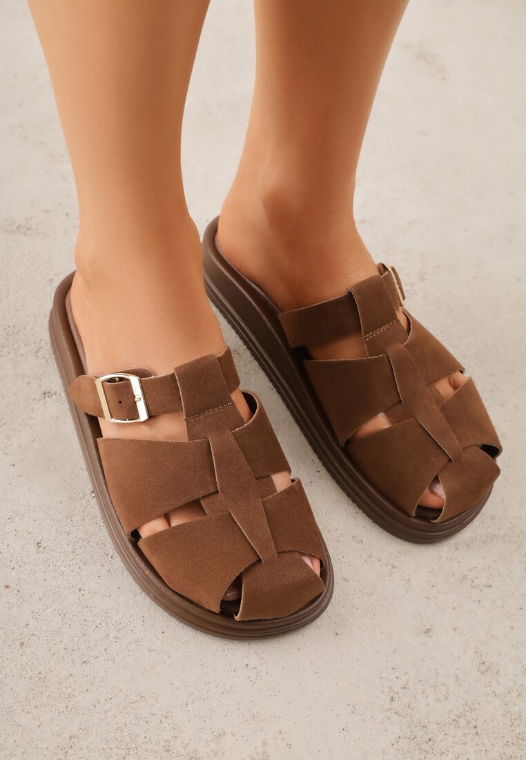 Brązowe Klapki z Zakrytym Noskiem i Ozdobnymi Paskami z Klamerką Themine