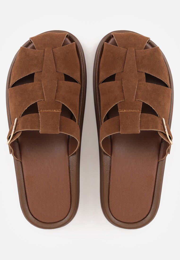 Brązowe Klapki z Zakrytym Noskiem i Ozdobnymi Paskami z Klamerką Themine