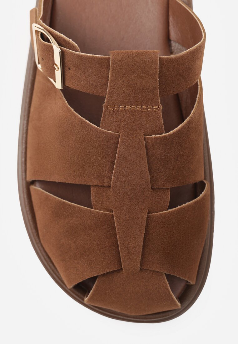 Brązowe Klapki z Zakrytym Noskiem i Ozdobnymi Paskami z Klamerką Themine