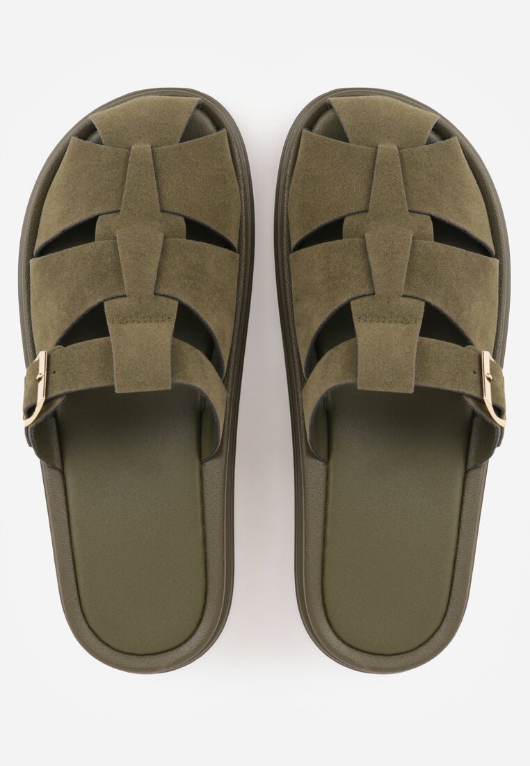 Zielone Klapki z Zakrytym Noskiem i Ozdobnymi Paskami z Klamerką Themine