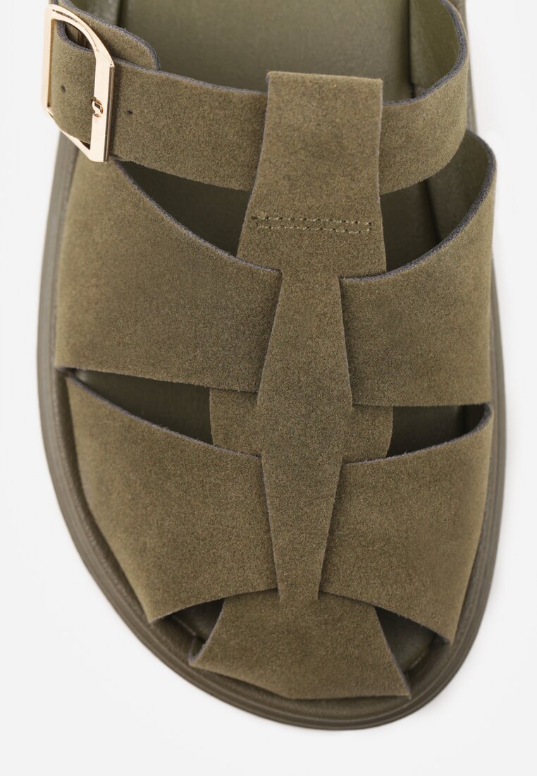 Zielone Klapki z Zakrytym Noskiem i Ozdobnymi Paskami z Klamerką Themine