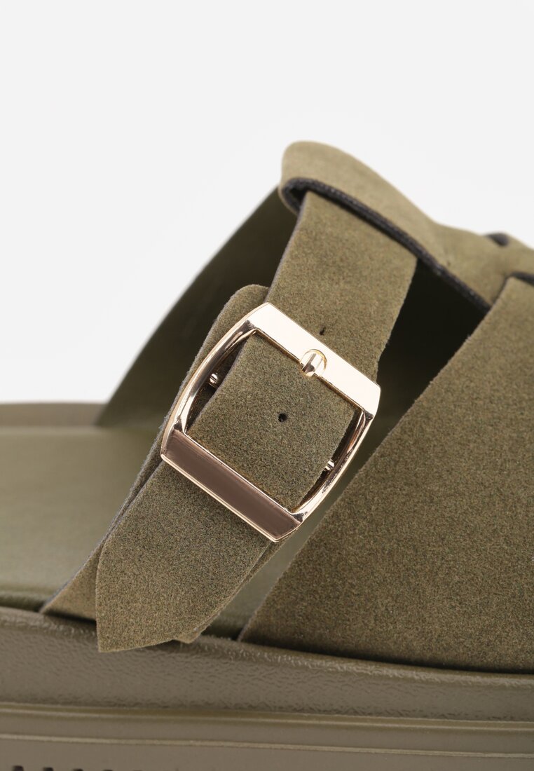 Zielone Klapki z Zakrytym Noskiem i Ozdobnymi Paskami z Klamerką Themine