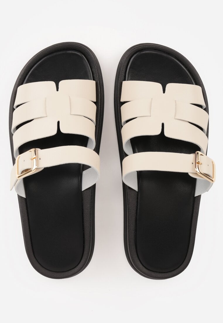 Beżowe Klapki z Przekładanymi Paskami i Regulacją z Klamrą Celilye