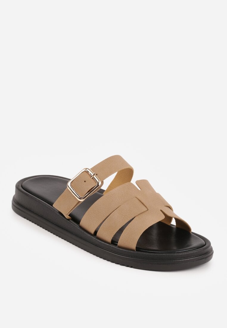 Ciemnobeżowe Klapki z Przekładanymi Paskami i Regulacją z Klamrą Celilye