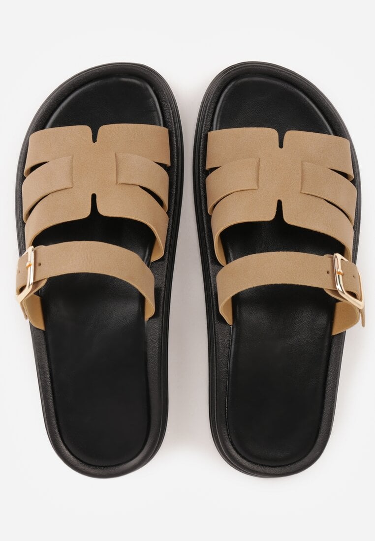 Ciemnobeżowe Klapki z Przekładanymi Paskami i Regulacją z Klamrą Celilye