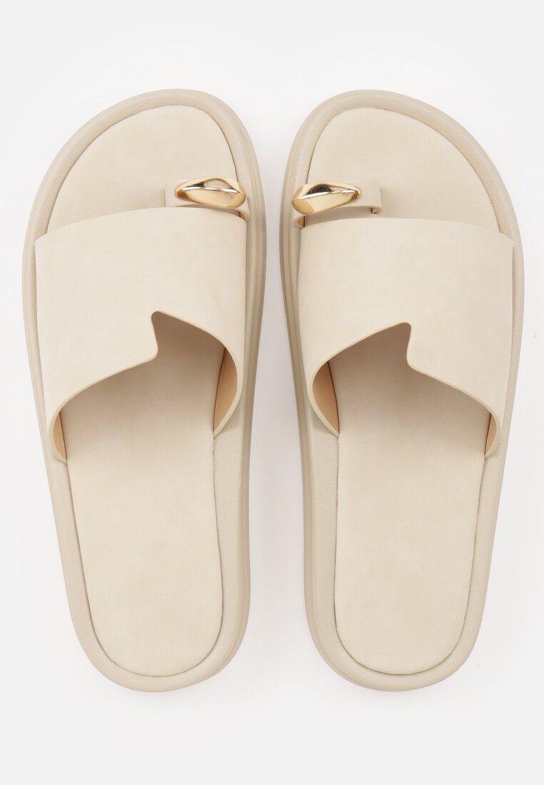 Beżowe Klapki Japonki Ozdobione Aplikacją na Palcu Noevianna