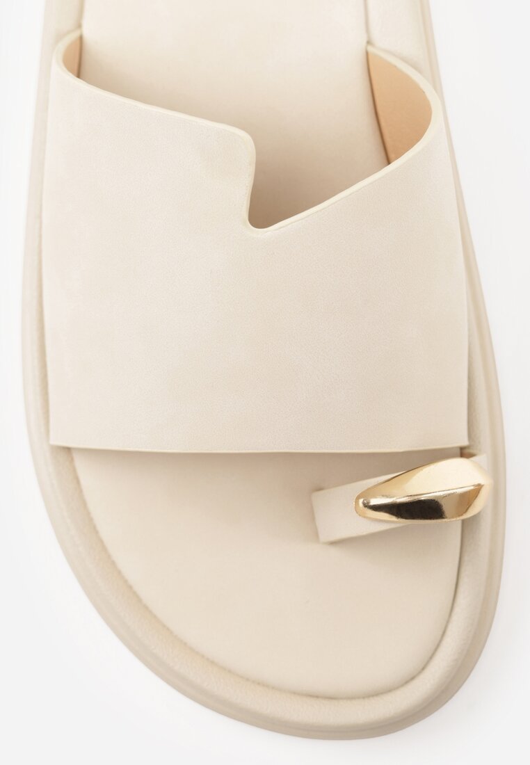 Beżowe Klapki Japonki Ozdobione Aplikacją na Palcu Noevianna