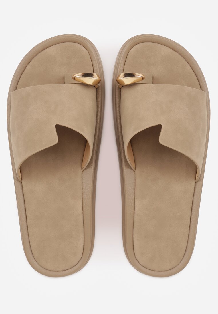 Ciemnobeżowe Klapki Japonki Ozdobione Aplikacją na Palcu Noevianna