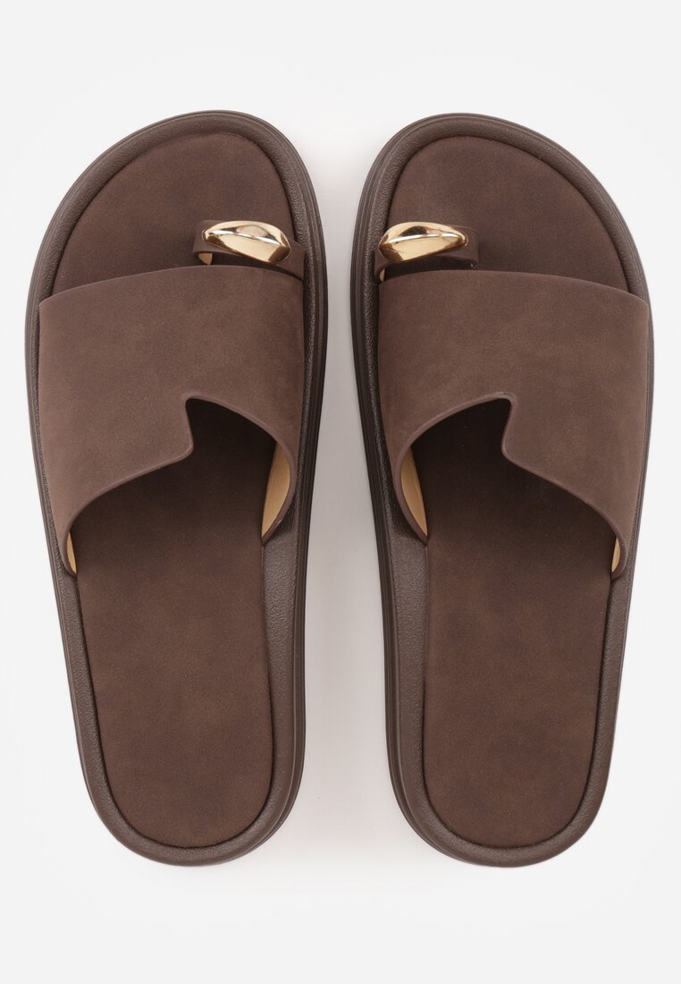 Brązowe Klapki Japonki Ozdobione Aplikacją na Palcu Noevianna