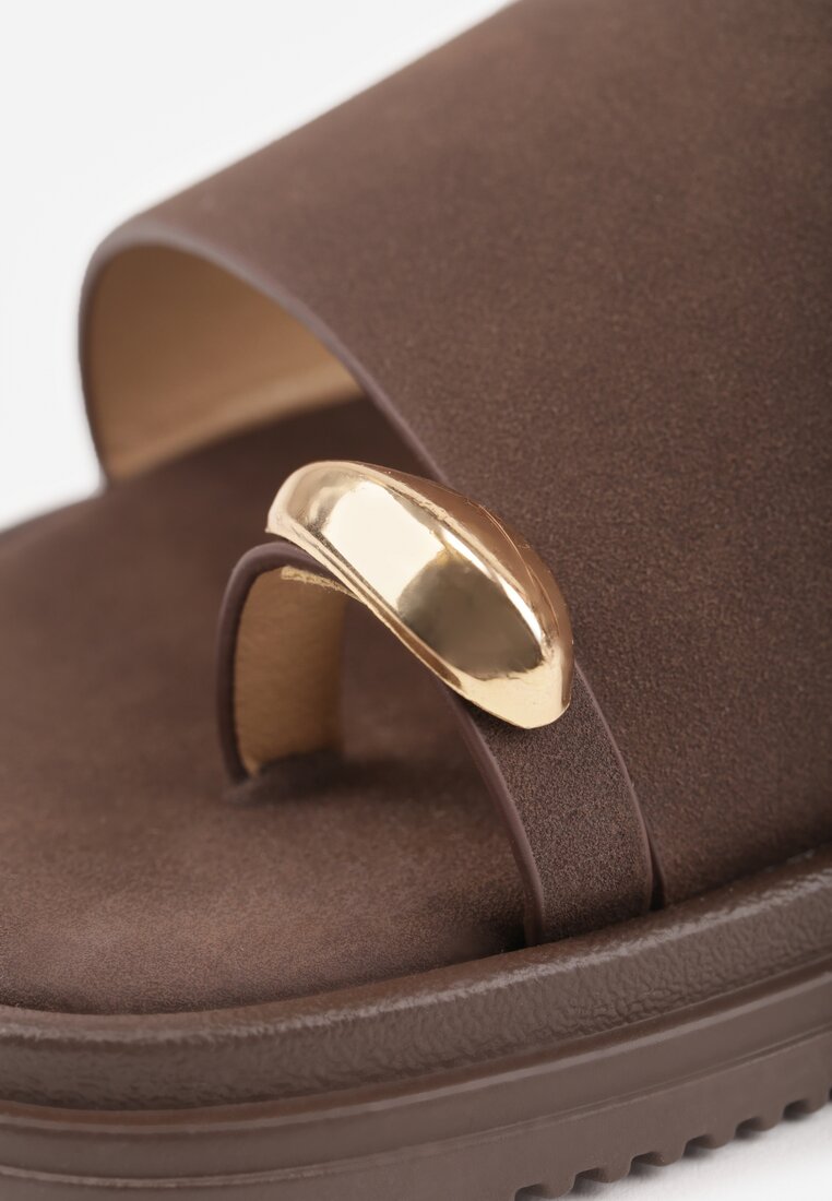 Brązowe Klapki Japonki Ozdobione Aplikacją na Palcu Noevianna