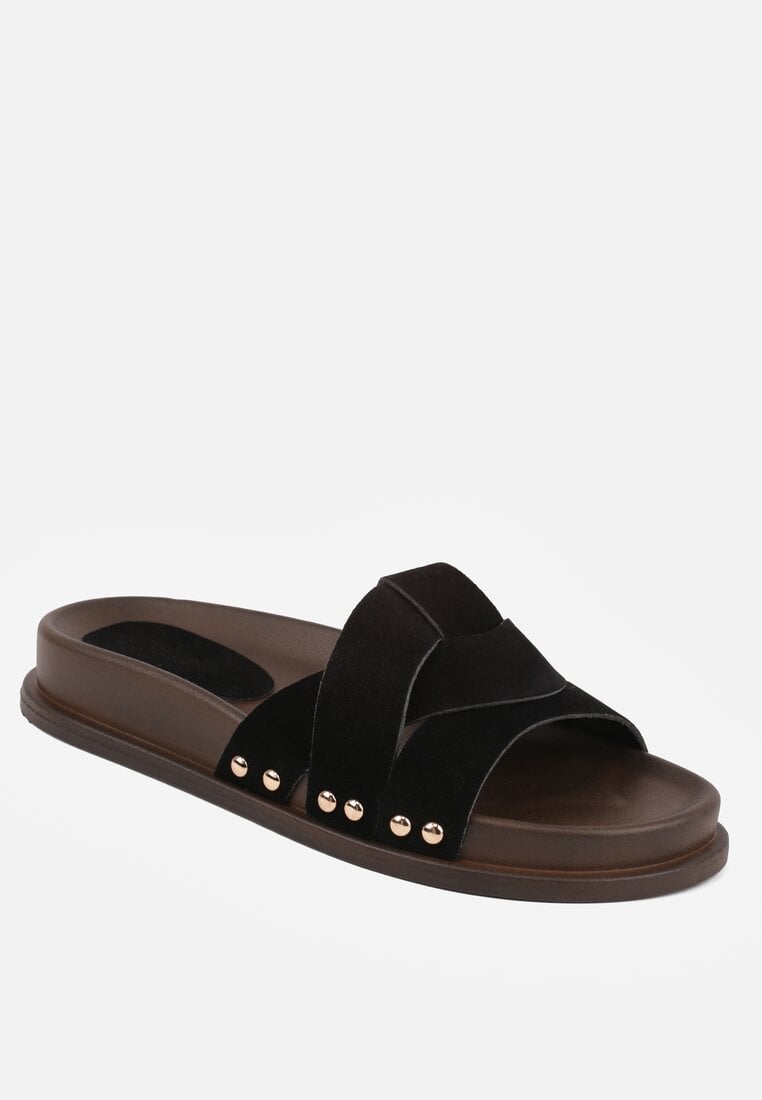 Czarne Klapki z Przekładanymi Paskami i Ozdobnymi Nitami Talysha