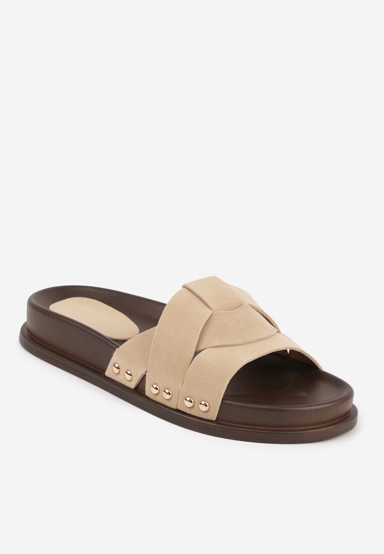 Beżowe Klapki z Przekładanymi Paskami i Ozdobnymi Nitami Talysha