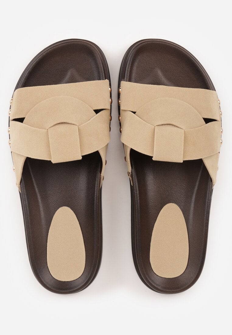 Beżowe Klapki z Przekładanymi Paskami i Ozdobnymi Nitami Talysha