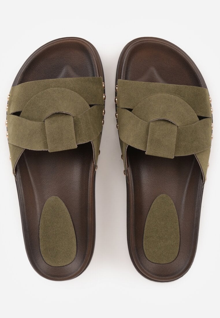 Zielone Klapki z Przekładanymi Paskami i Ozdobnymi Nitami Talysha