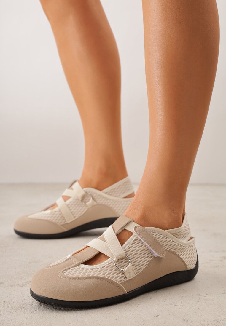 Ciemnobeżowe Tenisówki Sneakeriny z Siateczki z Zapięciem na Rzep Vianate