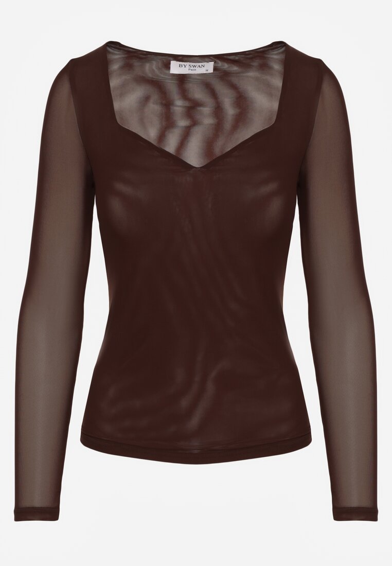 Ciemnobrązowa Bluzka Longsleeve z Siateczki z Wiskozą z Dekoltem w Serce Elinevia