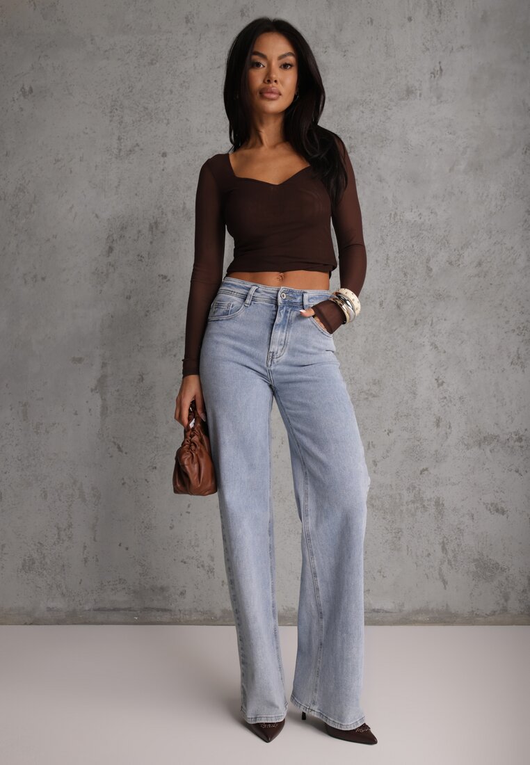 Ciemnobrązowa Bluzka Longsleeve z Siateczki z Wiskozą z Dekoltem w Serce Elinevia