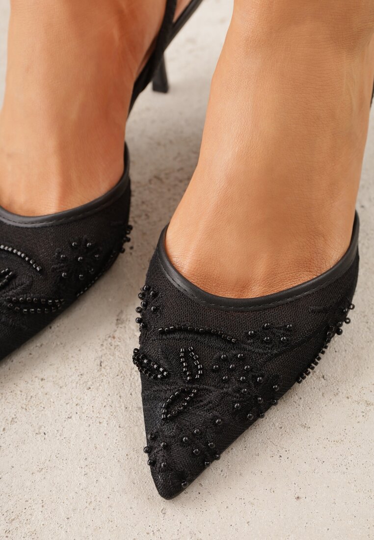 Czarne Siateczkowe Czółenka na Szpilce z Haftami i Perełkami Branira