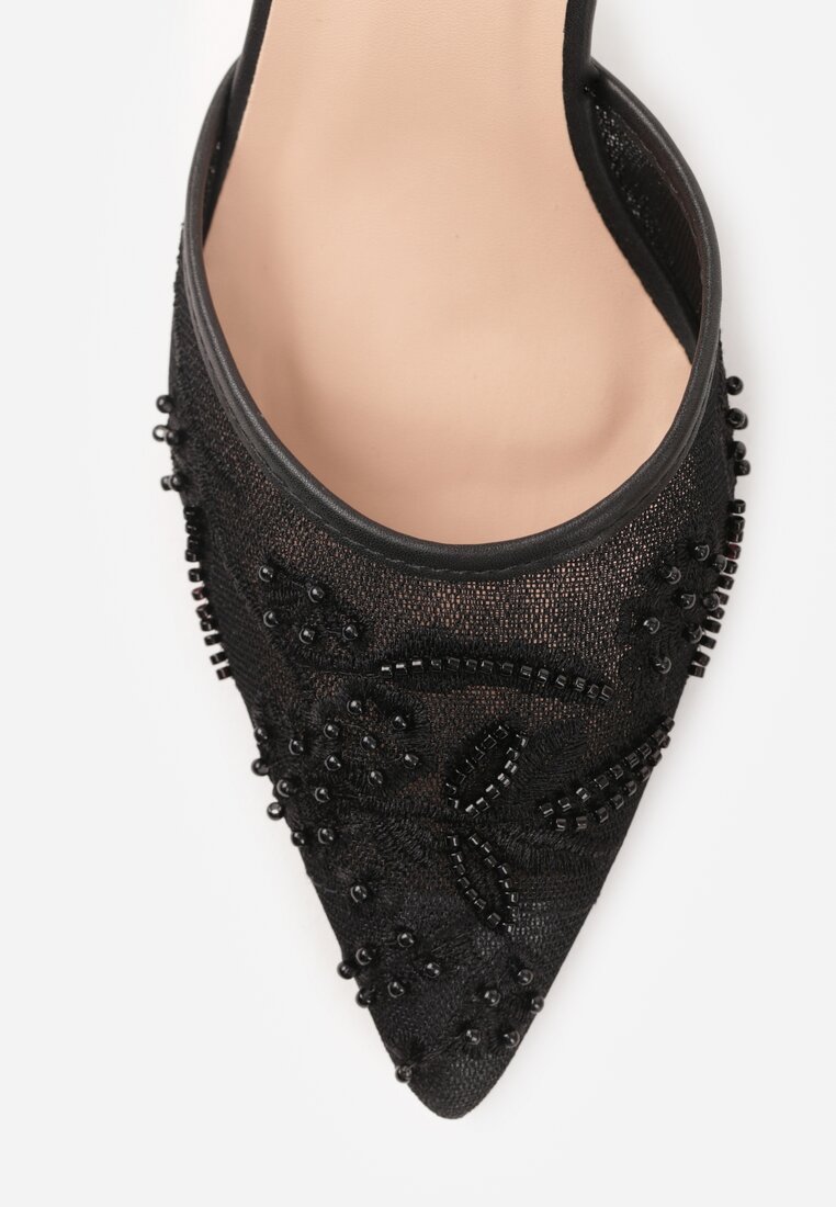 Czarne Siateczkowe Czółenka na Szpilce z Haftami i Perełkami Branira