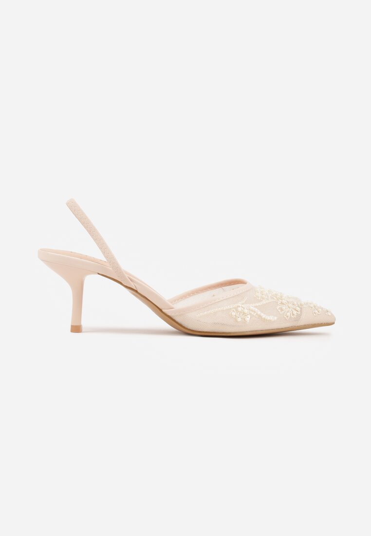 Beżowe Siateczkowe Czółenka na Szpilce z Haftami i Perełkami Branira