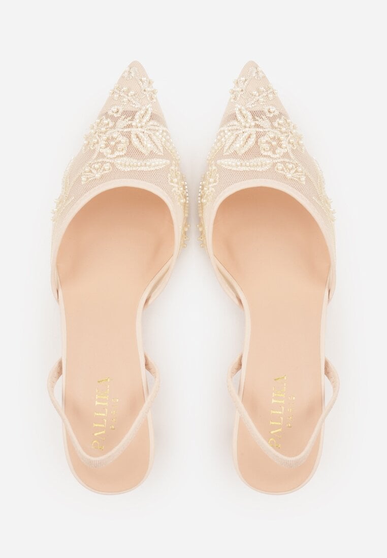 Beżowe Siateczkowe Czółenka na Szpilce z Haftami i Perełkami Branira