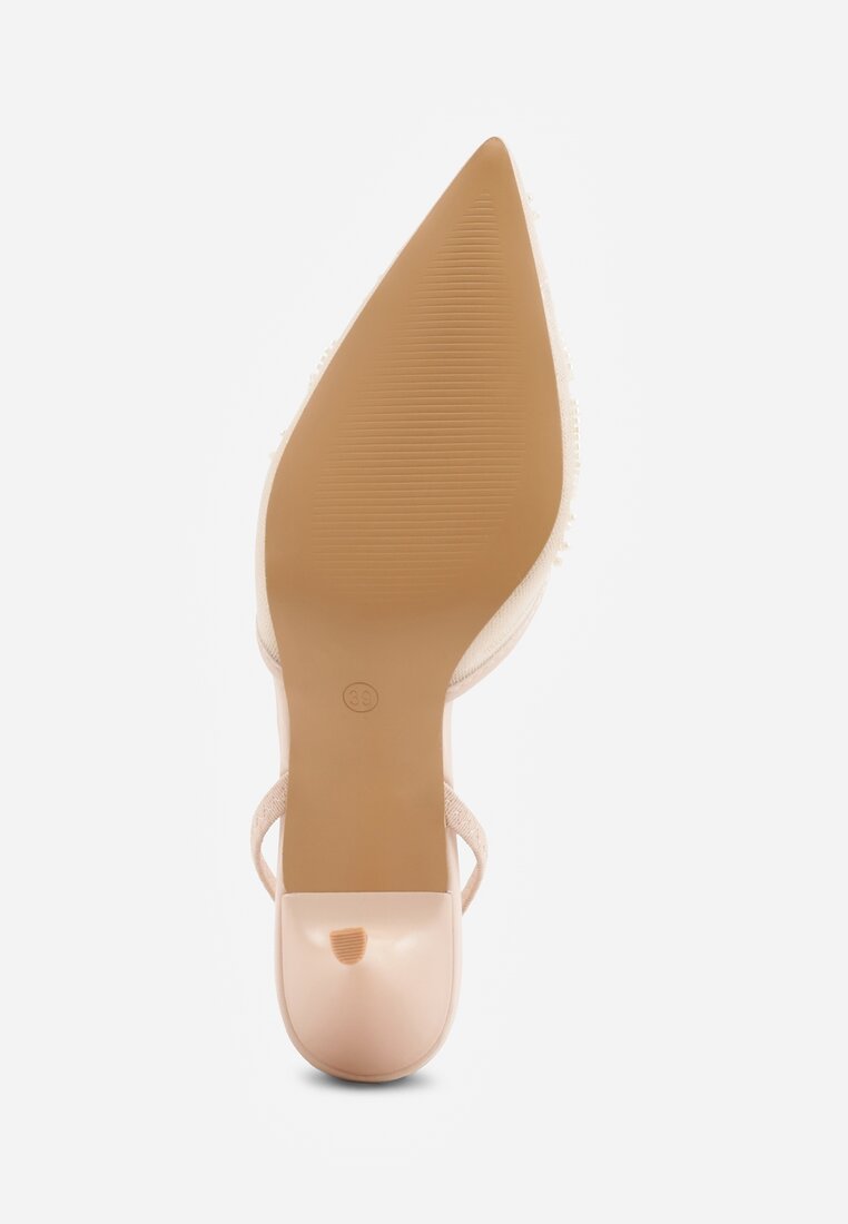 Beżowe Siateczkowe Czółenka na Szpilce z Haftami i Perełkami Branira