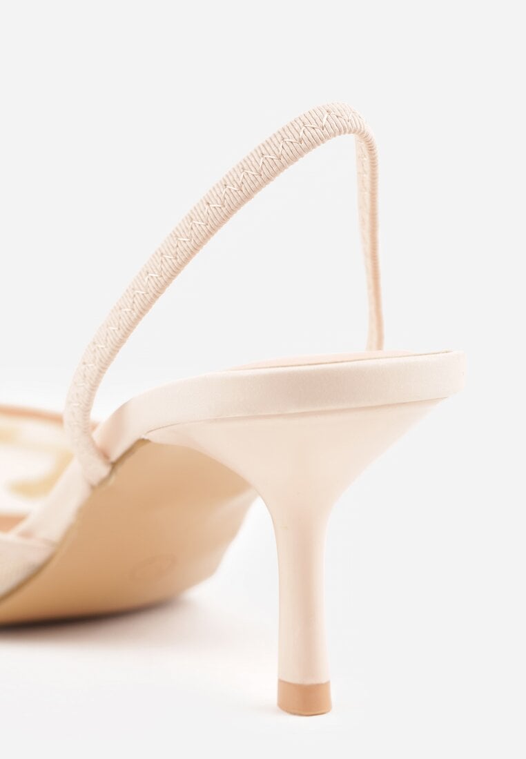 Beżowe Siateczkowe Czółenka na Szpilce z Haftami i Perełkami Branira