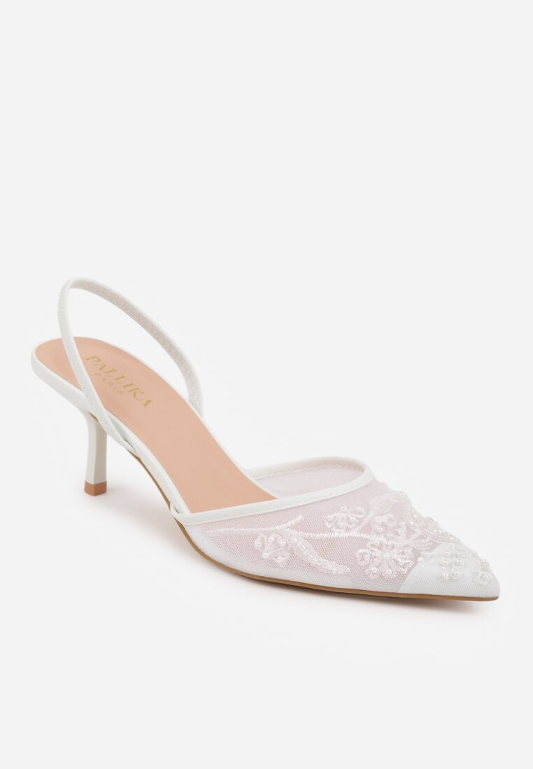 Białe Siateczkowe Czółenka na Szpilce z Haftami i Perełkami Branira