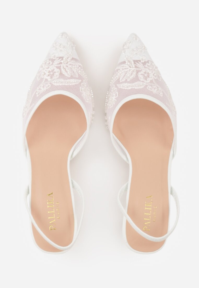 Białe Siateczkowe Czółenka na Szpilce z Haftami i Perełkami Branira