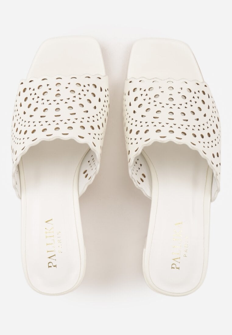 Białe Ażurowe Klapki na Słupkowym Obcasie z Kwadratowym Noskiem Lumetia