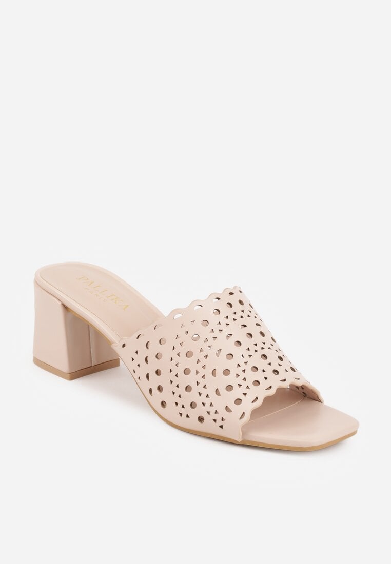 Beżowe Ażurowe Klapki na Słupkowym Obcasie z Kwadratowym Noskiem Lumetia