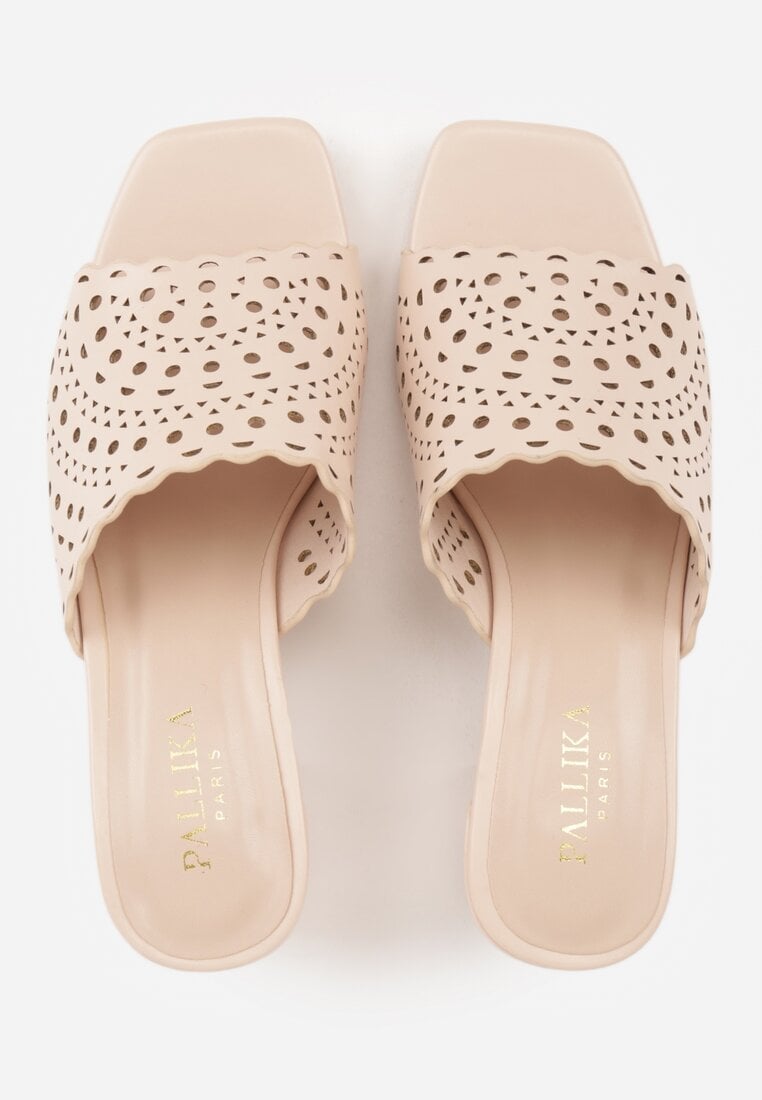 Beżowe Ażurowe Klapki na Słupkowym Obcasie z Kwadratowym Noskiem Lumetia