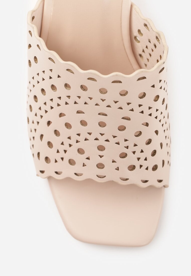 Beżowe Ażurowe Klapki na Słupkowym Obcasie z Kwadratowym Noskiem Lumetia