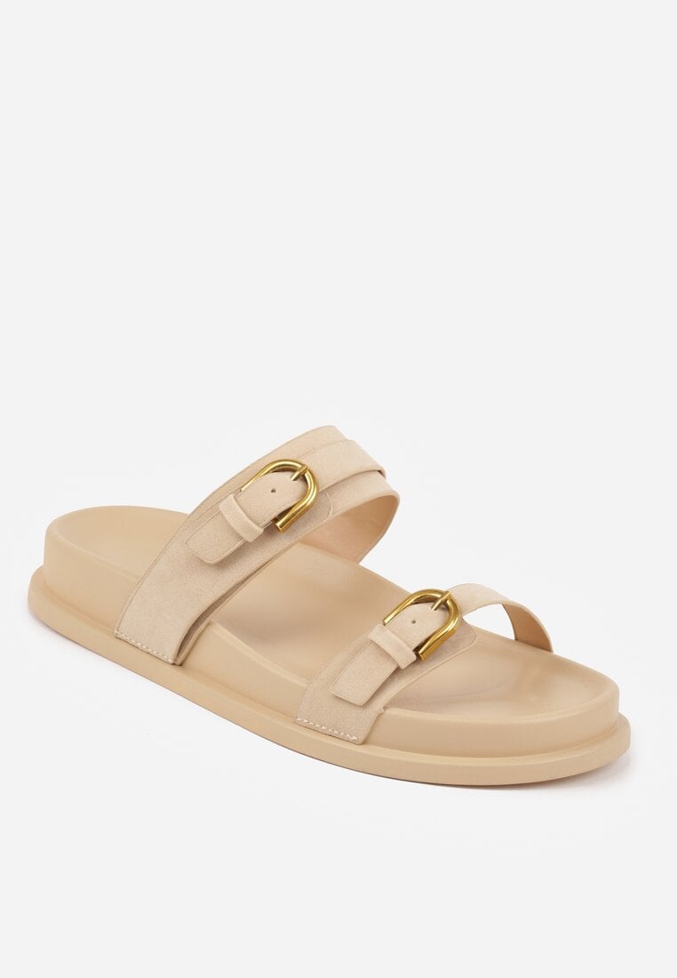 Beżowe Klapki Ozdobione Metalicznymi Klamrami Zelivra