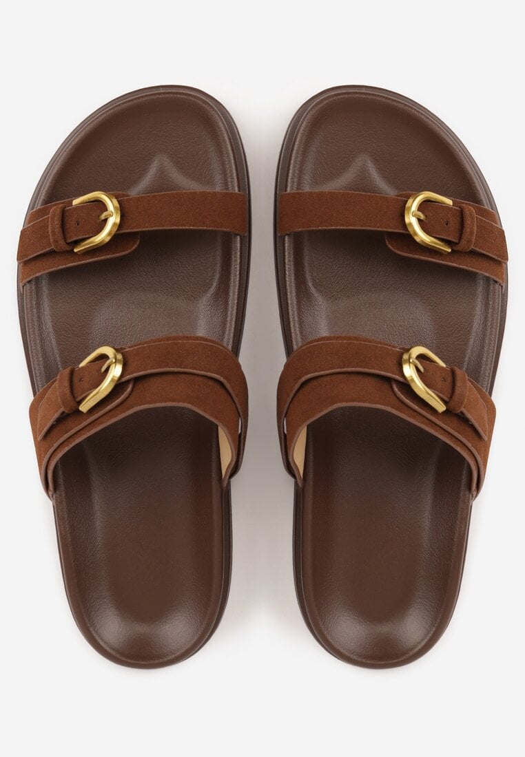 Ciemnobrązowe Klapki Ozdobione Metalicznymi Klamrami Zelivra