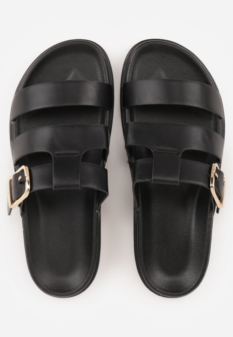 Czarne Płaskie Klapki z Paskiem ze Sprzączką Tameren