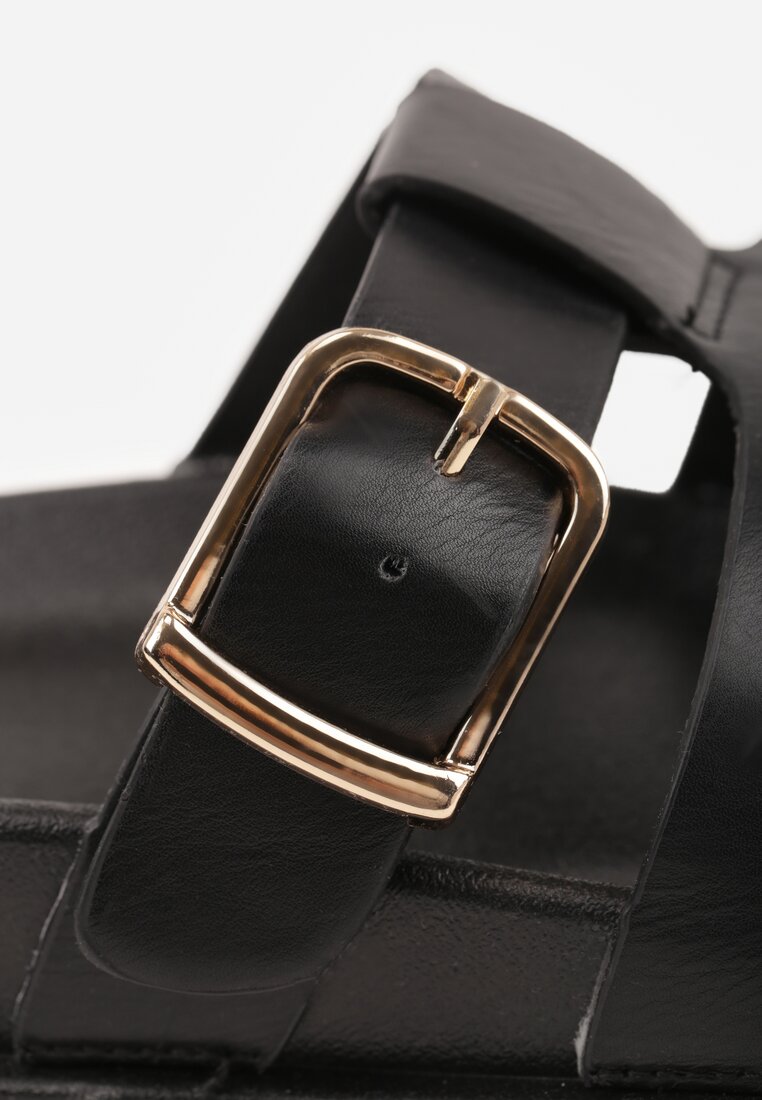 Czarne Płaskie Klapki z Paskiem ze Sprzączką Tameren