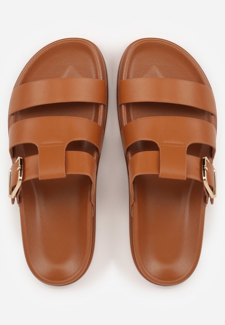 Brązowe Płaskie Klapki z Paskiem ze Sprzączką Tameren