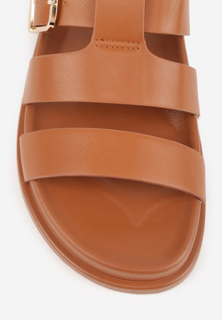 Brązowe Płaskie Klapki z Paskiem ze Sprzączką Tameren