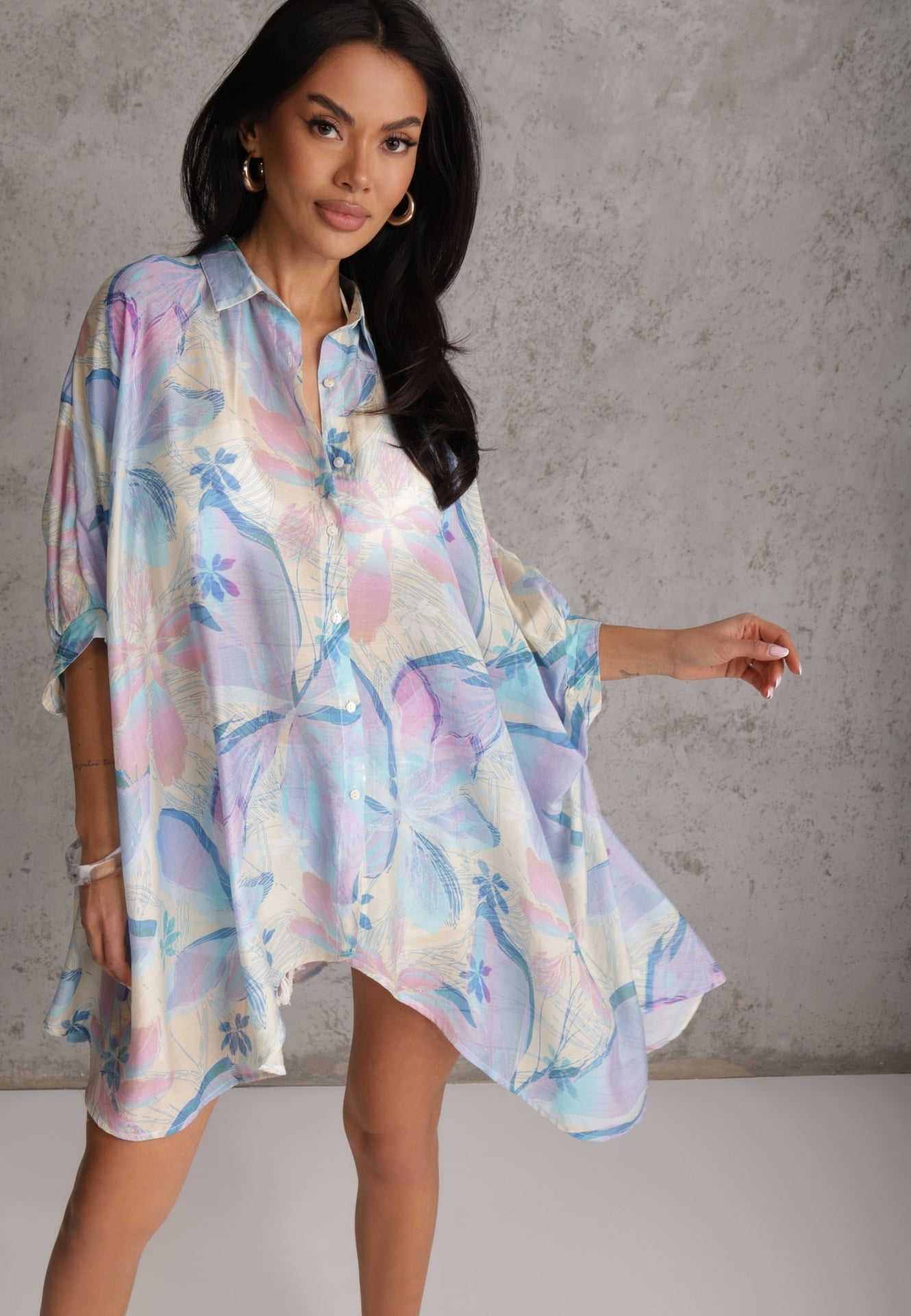 Niebieska Nietoperzowa Koszula z Bawełną o Fasonie Oversize Celista