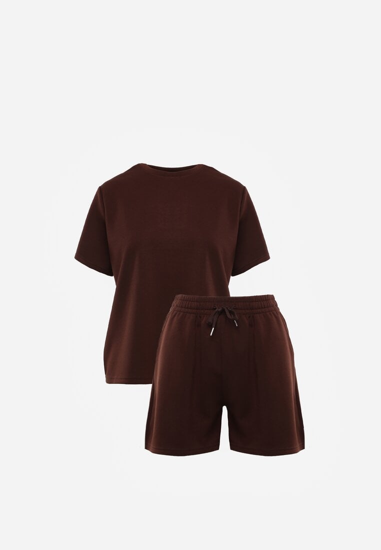 Brązowy Bawełniano-Wiskozowy Komplet Sportowy T-shirt i Szorty Areinna
