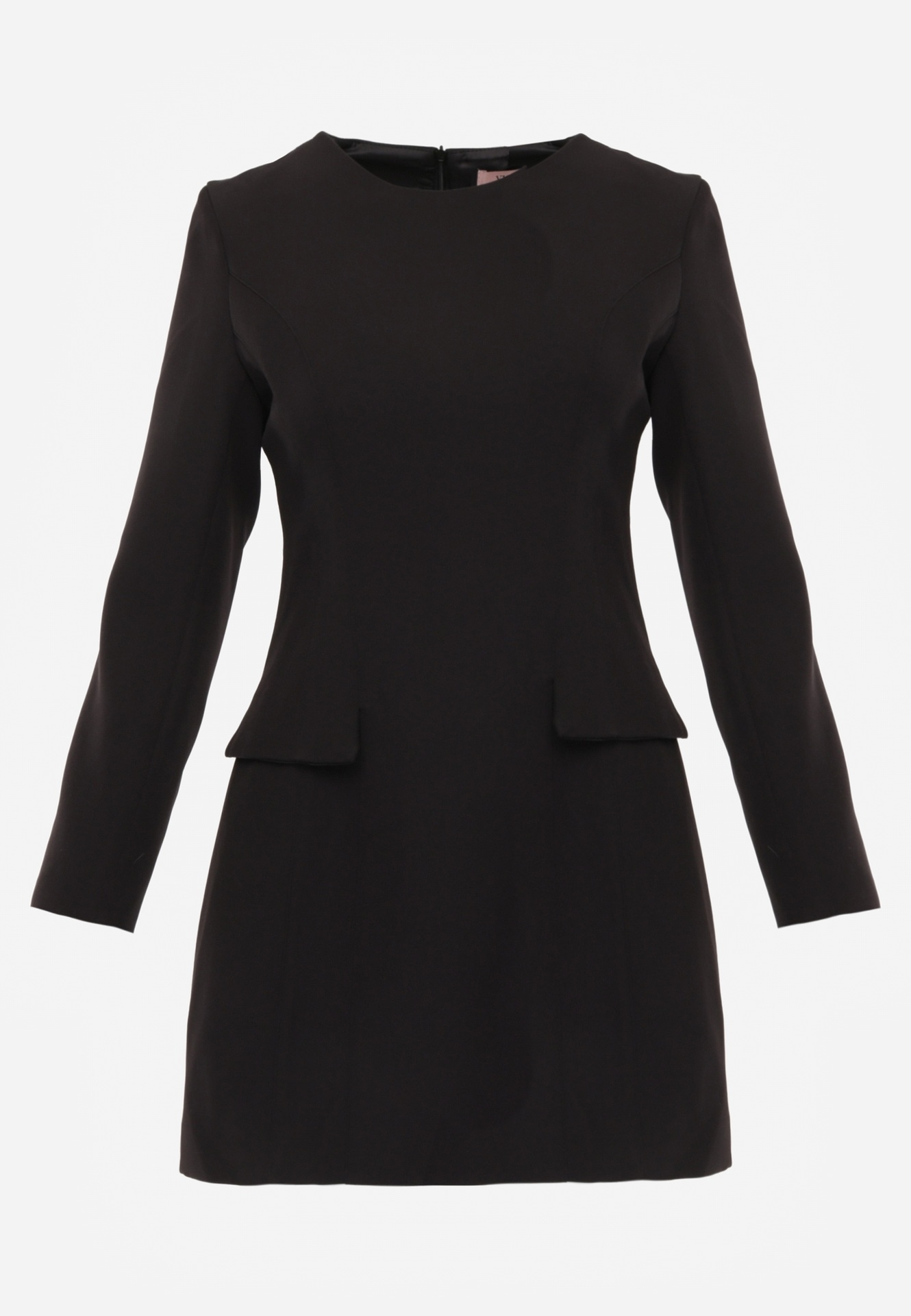 Czarna Trapezowa Sukienka VICES o Eleganckim Kroju Zdobionym Imitacją Kieszeni Agats