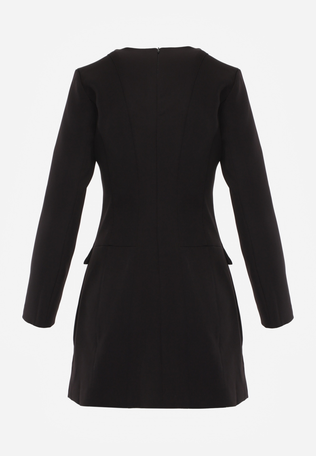 Czarna Trapezowa Sukienka VICES o Eleganckim Kroju Zdobionym Imitacją Kieszeni Agats