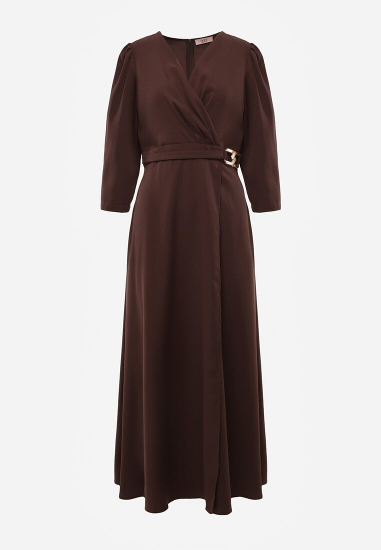 Brązowa Elegancka Sukienka o Kopertowym Kroju Zdobiona Aplikacją w Talii Zilendra