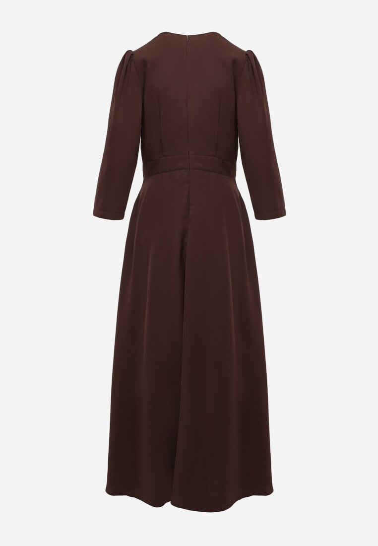 Brązowa Elegancka Sukienka o Kopertowym Kroju Zdobiona Aplikacją w Talii Zilendra