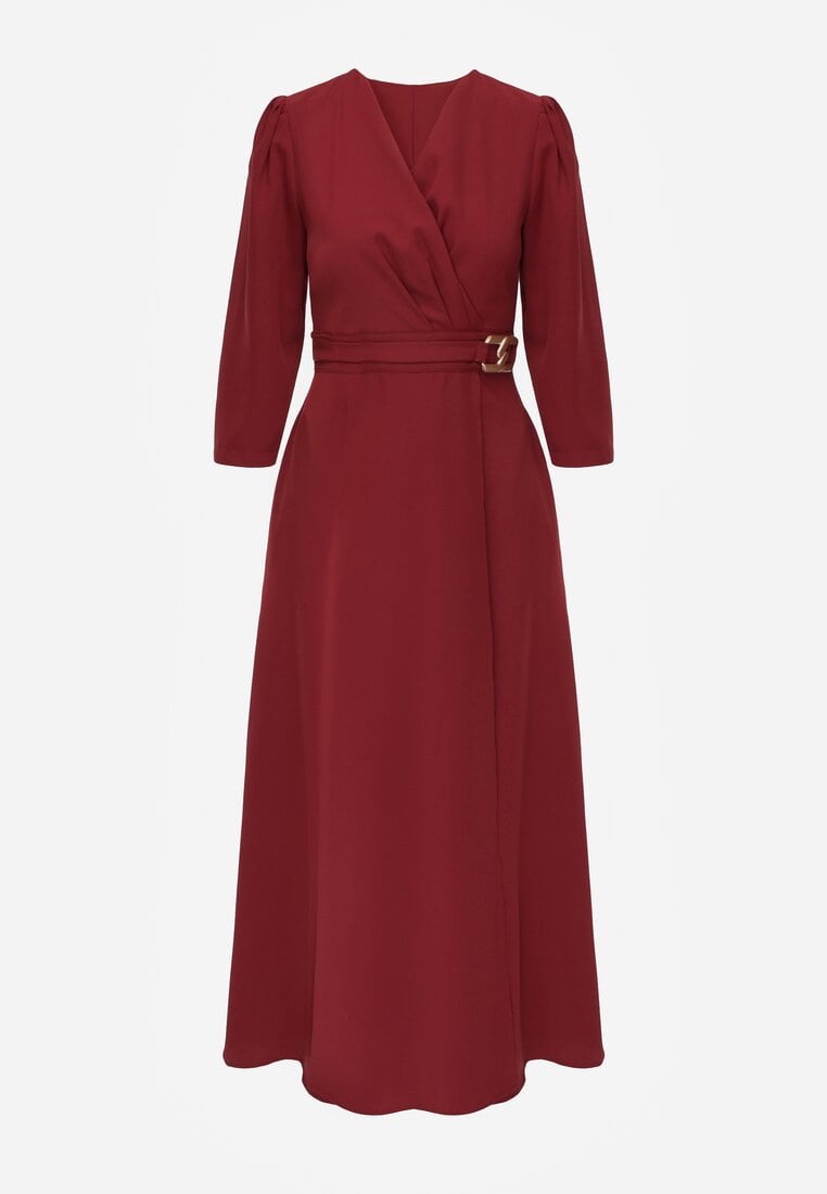Bordowa Elegancka Sukienka o Kopertowym Kroju Zdobiona Aplikacją w Talii Zilendra