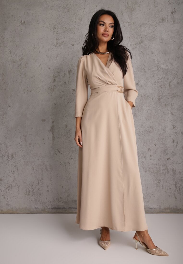 Beżowa Elegancka Sukienka o Kopertowym Kroju Zdobiona Aplikacją w Talii Zilendra