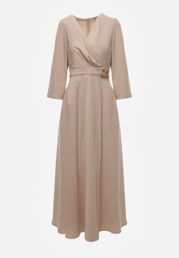 Beżowa Elegancka Sukienka o Kopertowym Kroju Zdobiona Aplikacją w Talii Zilendra