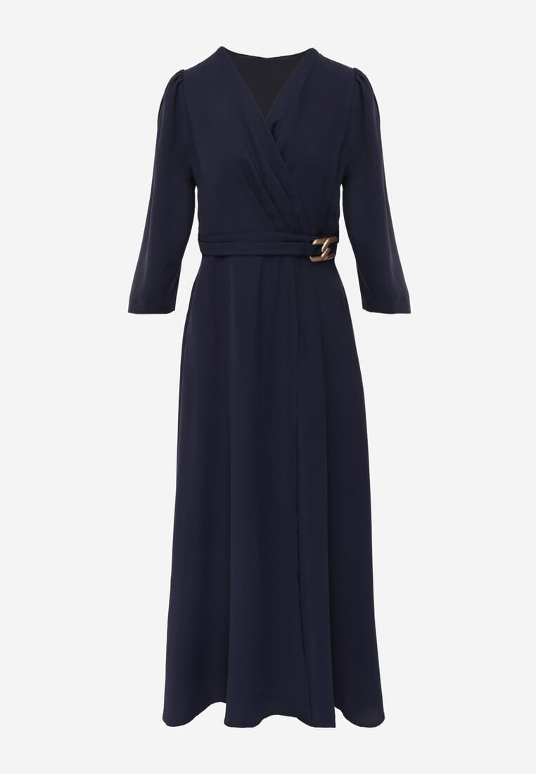 Granatowa Elegancka Sukienka o Kopertowym Kroju Zdobiona Aplikacją w Talii Zilendra