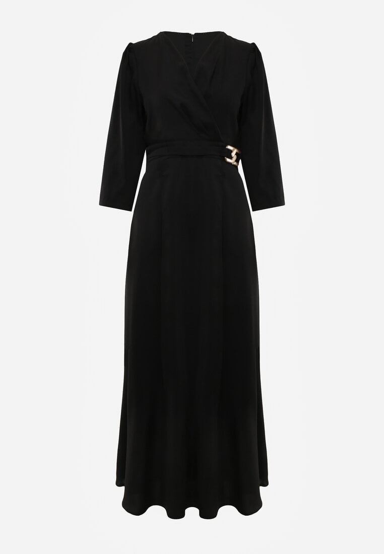 Czarna Elegancka Sukienka o Kopertowym Kroju Zdobiona Aplikacją w Talii Zilendra